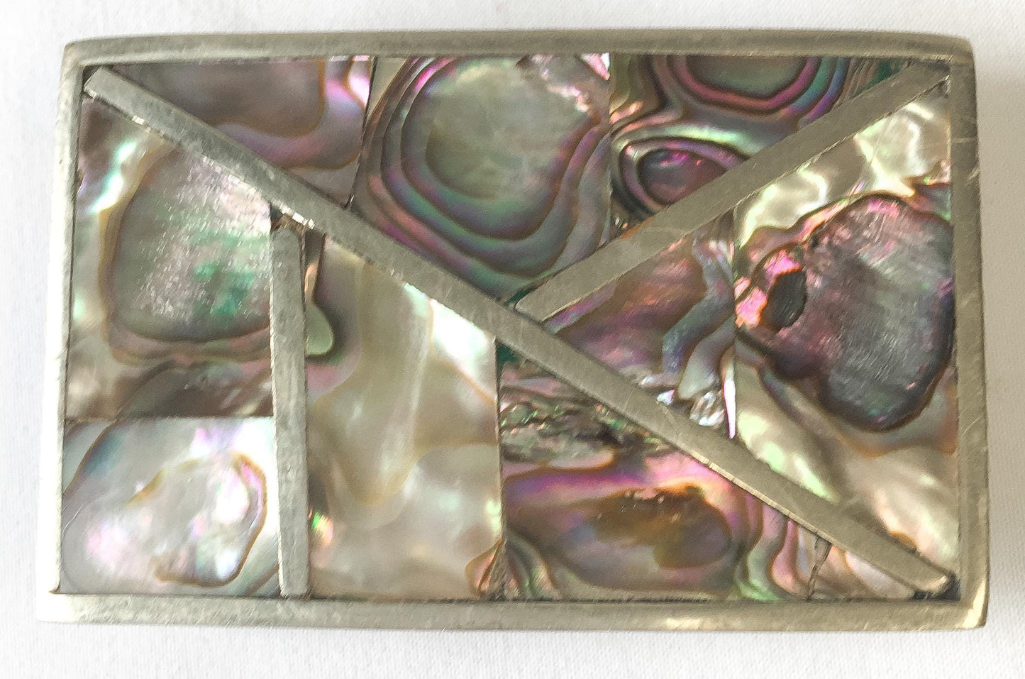 Vintage Silver Toned Abalone Inlay Geometric Rectangle Belt Buckle, 2.75" x 1.75", Vintage Western Boho Belt Buckle