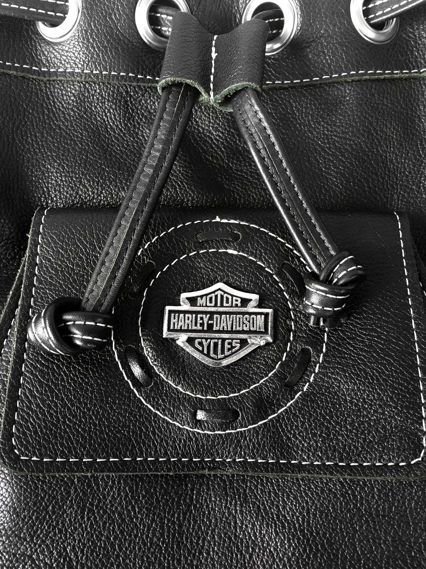 Black Harley Davidson Pebbled Leather Drawstring Bucket Shoulder Crossbody Bag, 00s Y2K Harley Biker Moto Style Handbag