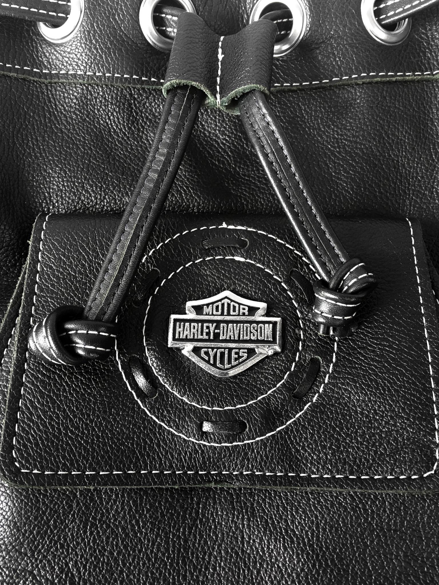 Black Harley Davidson Pebbled Leather Drawstring Bucket Shoulder Crossbody Bag, 00s Y2K Harley Biker Moto Style Handbag