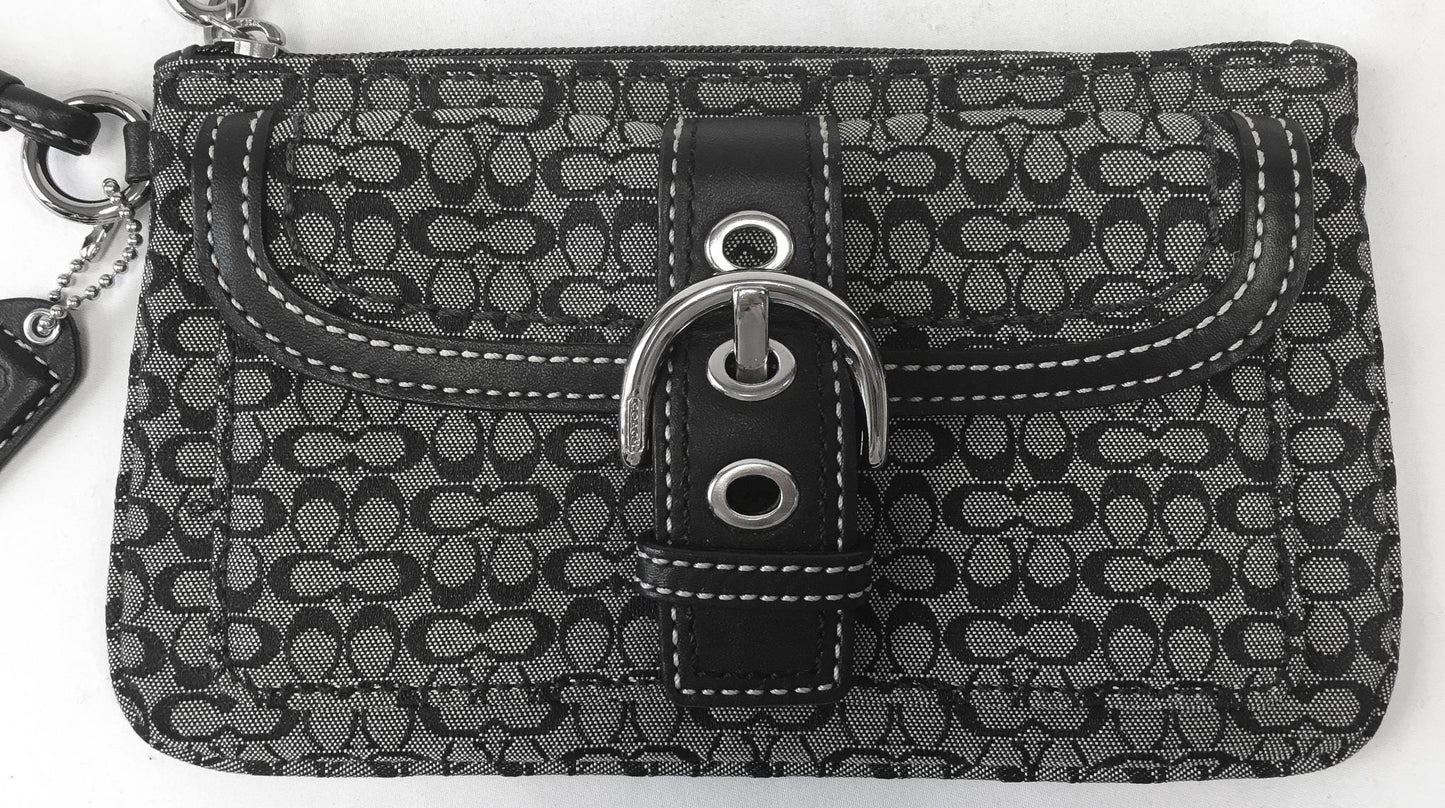 Y2K Coach Black/Grey Soho Mini Signature C Jacquard Canvas Leather Wristlet, Vintage 00s Coach Mini Clutch Handbag