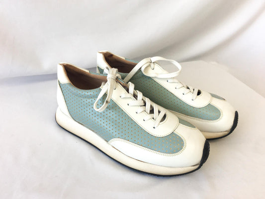 Vintage Dooney and Bourke Pastel Blue/Cream/Off-White Textured Leather Sneakers, Women's Sz. 9.5, Vintage Preppy Academia Style Shoes