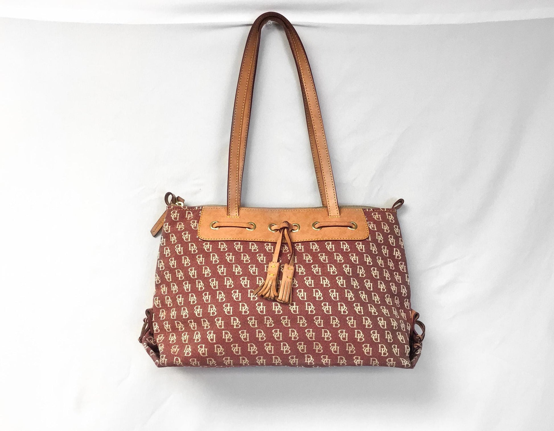 Y2K 00s Dooney and Bourke Burgundy Red Monogram Large Tassel Shoulder Tote Bag, Vintage Classic Y2K Dooney Handbag