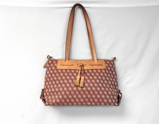 Y2K 00s Dooney and Bourke Burgundy Red Monogram Large Tassel Shoulder Tote Bag, Vintage Classic Y2K Dooney Handbag