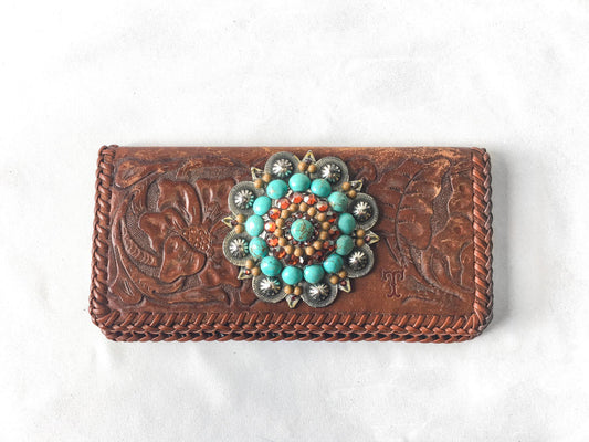 Vintage Handcrafted Floral Tooled Leather with Beaded Faux Turquoise Flower Detail, Vintage Western Boho Style Accessories