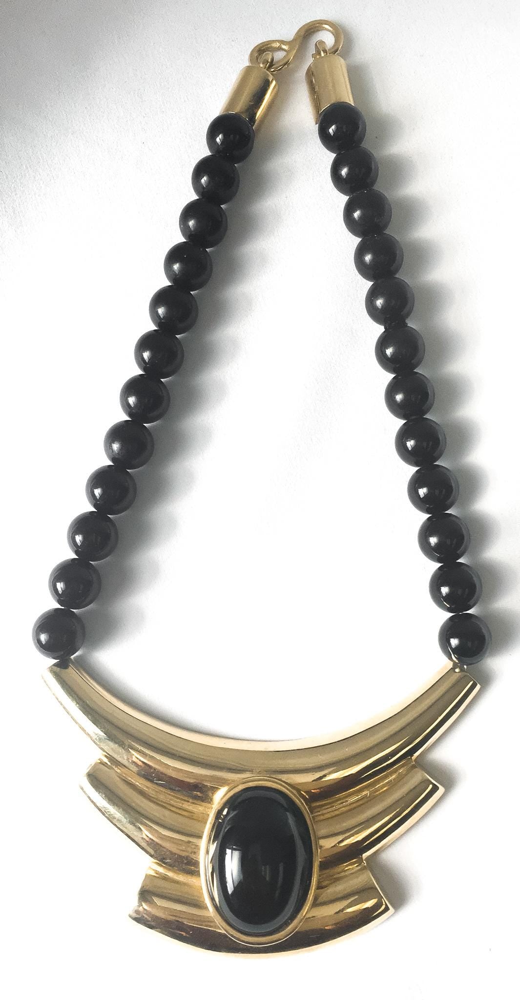 Vintage Alexis Kirk Black Beaded Gold Toned Abstract Bib Necklace, 17", Vintage Modernism Statement Necklace