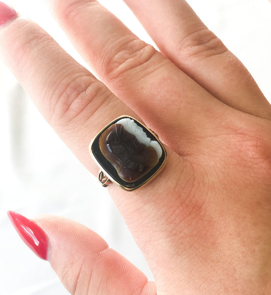 Vintage 10K Gold Sardonyx Brown/White Cameo Signet Ring, Sz. 5.5, Vintage Unique Victorian Boho Statement Ring