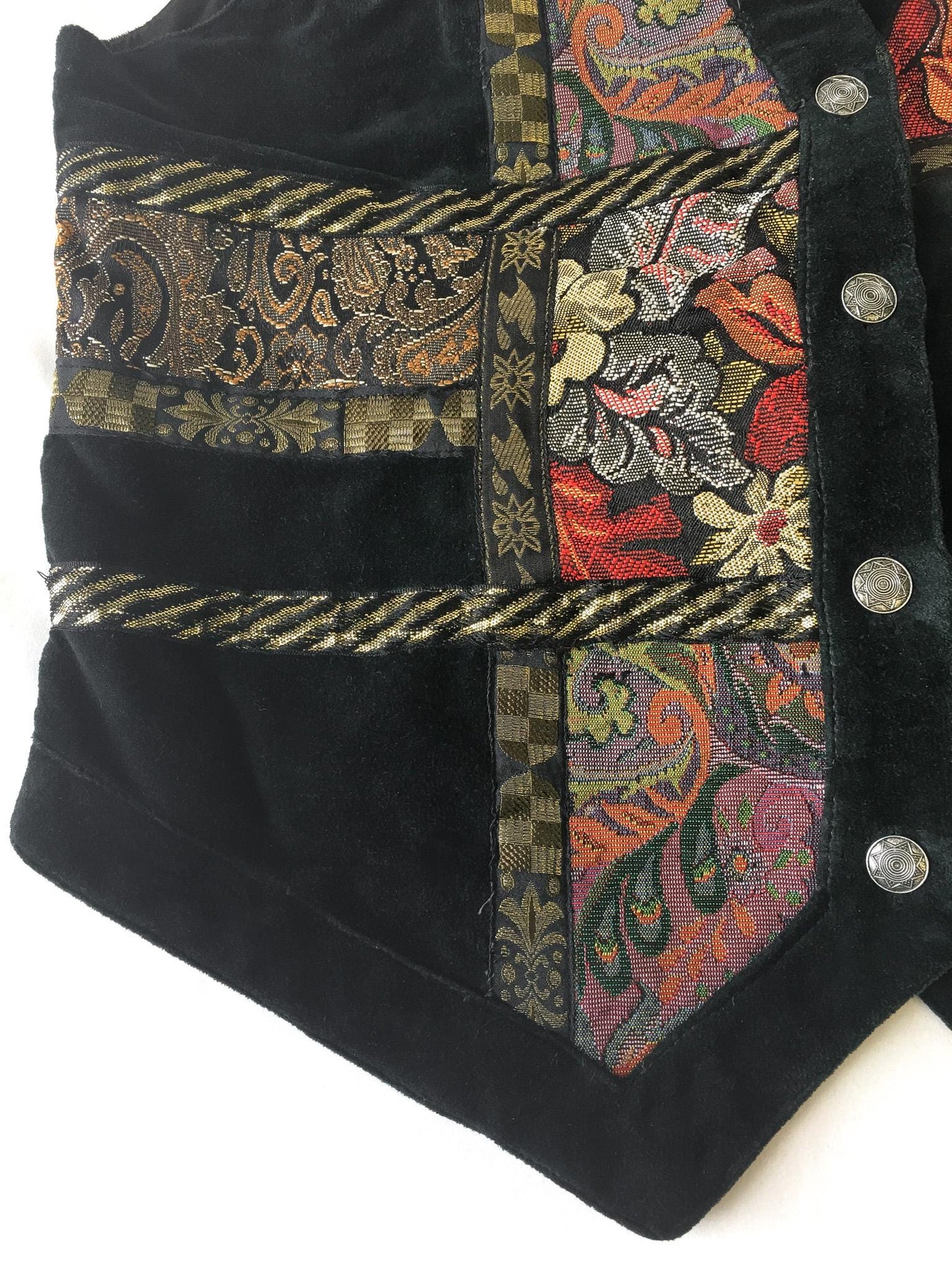 Vintage Black Velvet Floral Metallic Patchwork Vest, Women's Sz. M, Vintage Patchwork Grandma Boho Style Top