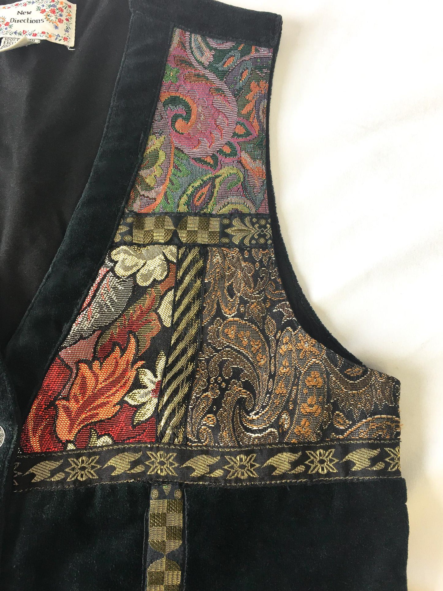 Vintage Black Velvet Floral Metallic Patchwork Vest, Women's Sz. M, Vintage Patchwork Grandma Boho Style Top