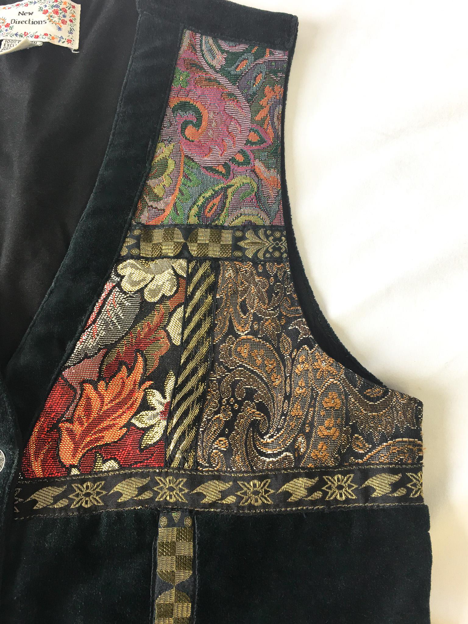 Vintage Black Velvet Floral Metallic Patchwork Vest, Women's Sz. M, Vintage Patchwork Grandma Boho Style Top