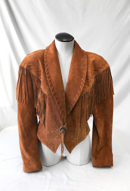 Vintage Frontier Collection Brown Fringe Crop Leather Jacket, Women's Sz. M, Vintage Western Jacket