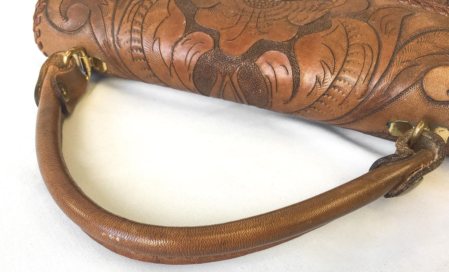 Vintage 70s Handcrafted Dark Brown Floral Tooled Leather Top Handle Bag, Vintage Western Boho Style Handbag