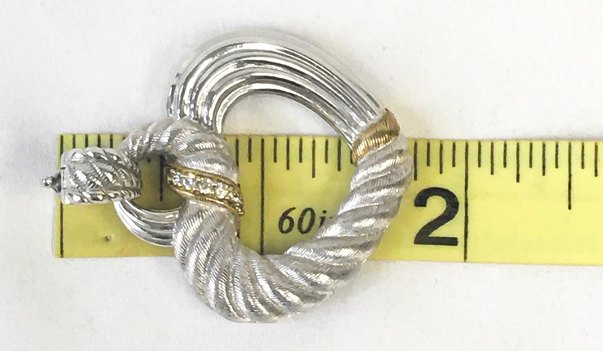 925 Judith Ripka Two Toned Sterling Silver Cubic Zirconia Ribbed Heart Pendant, 1.75", Unique Statement Pendant