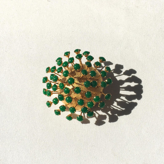 Vintage 50s Corocraft Enamel Green Gold Toned Sputnik Pin Cushion Brooch, Unique Eclectic Art Deco Statement Style Brooch
