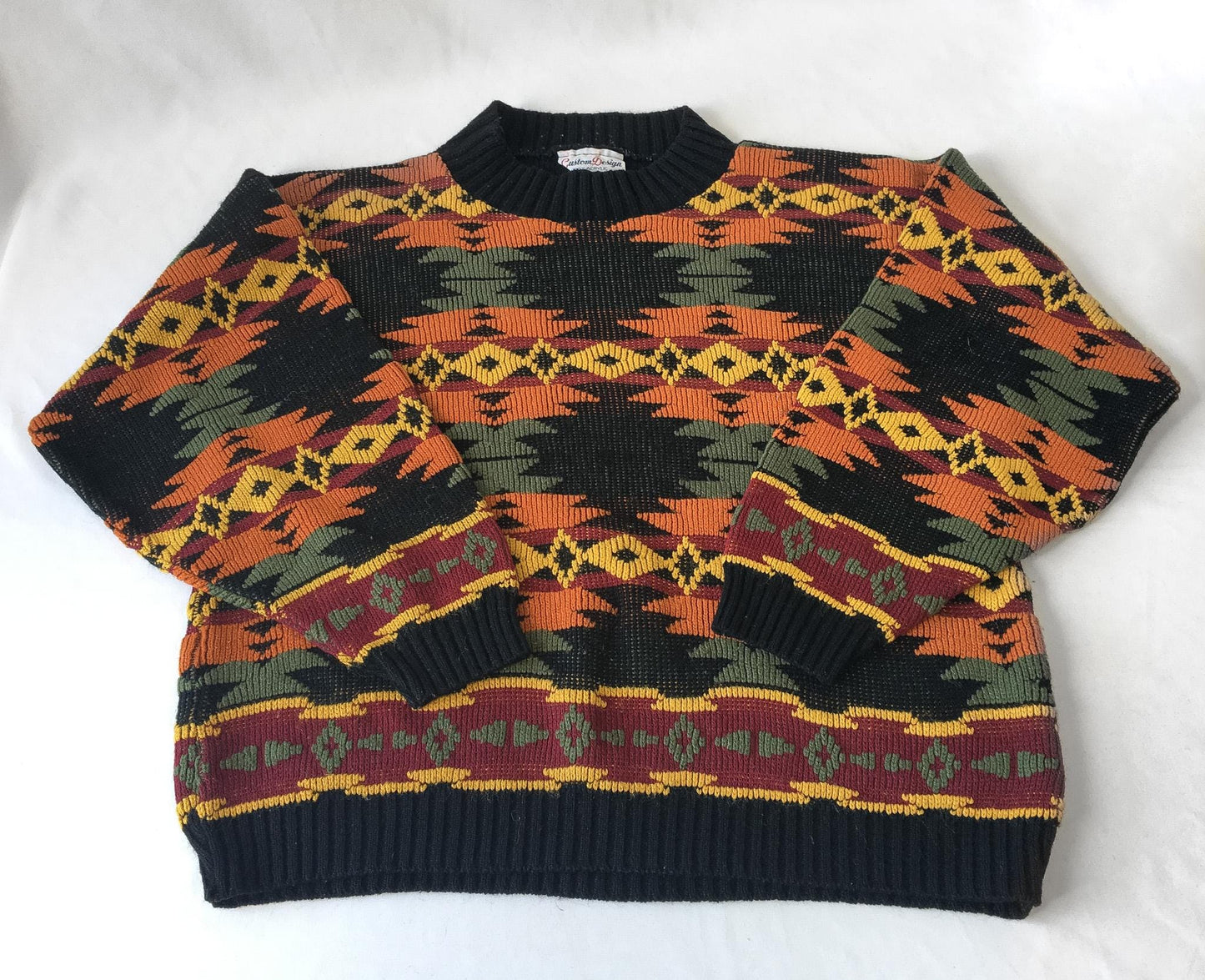 Vintage Black/Orange/Yellow Geometric Aztec Southwest Print Sweater, Approx. Women's S/M, Vintage Western Grandpa Sweater