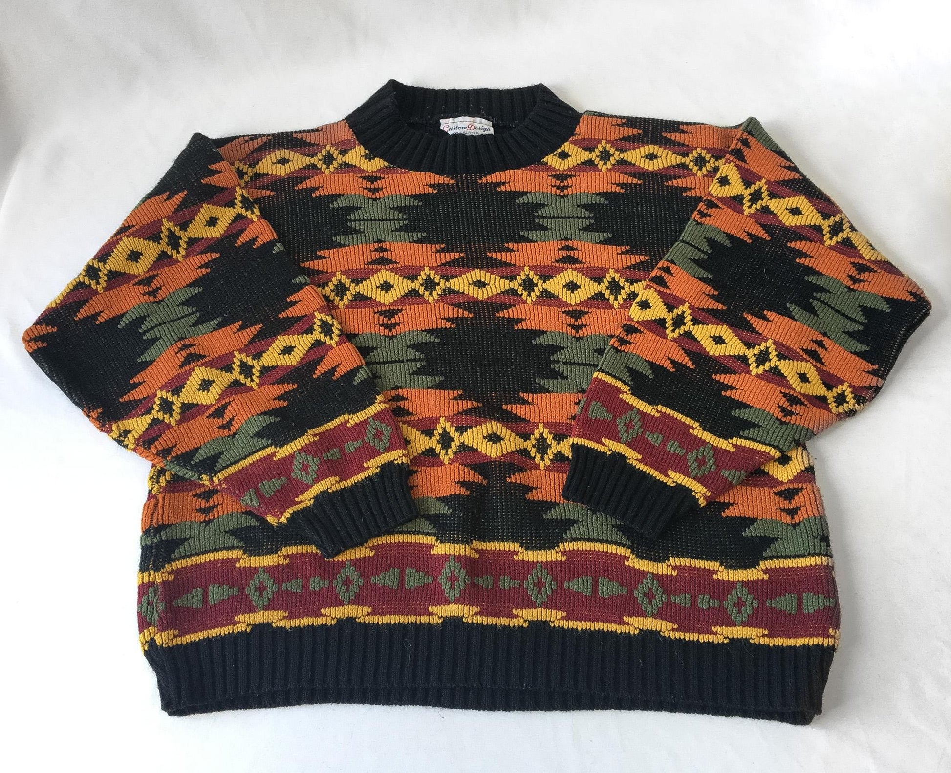 Vintage Black/Orange/Yellow Geometric Aztec Southwest Print Sweater, Approx. Women's S/M, Vintage Western Grandpa Sweater