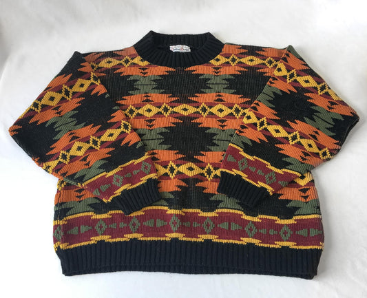 Vintage Black/Orange/Yellow Geometric Aztec Southwest Print Sweater, Approx. Women's S/M, Vintage Western Grandpa Sweater