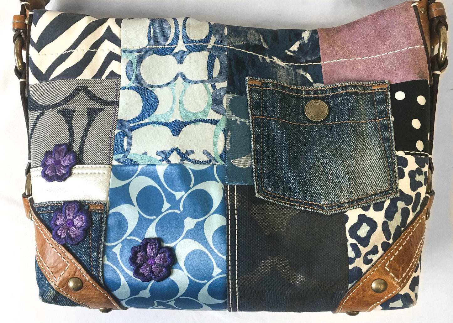 Y2K 00s Coach Carly Denim Patchwork Shoulder Bag, Style #10814, Unique Y2K Coach Handbag