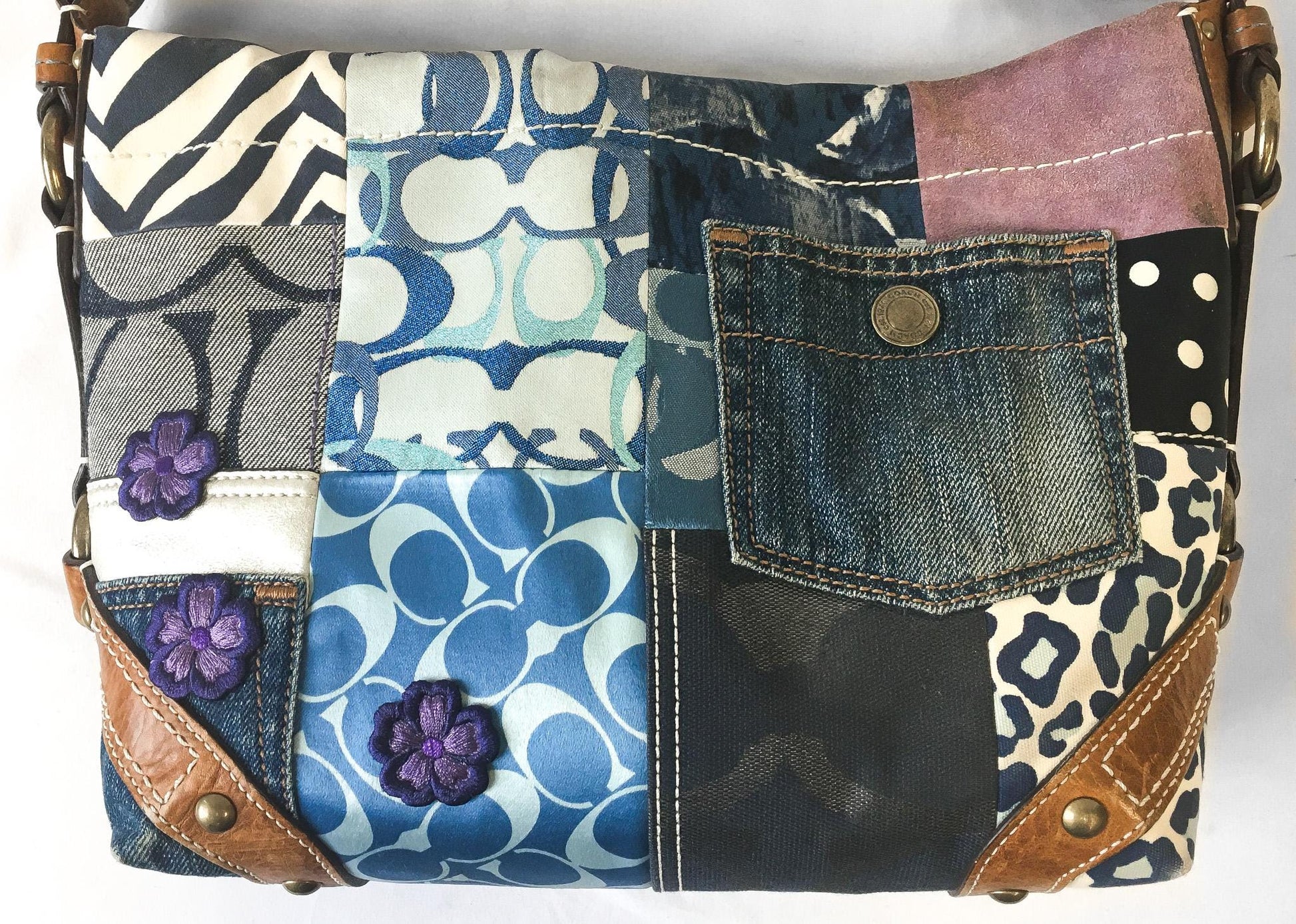 Y2K 00s Coach Carly Denim Patchwork Shoulder Bag, Style #10814, Unique Y2K Coach Handbag