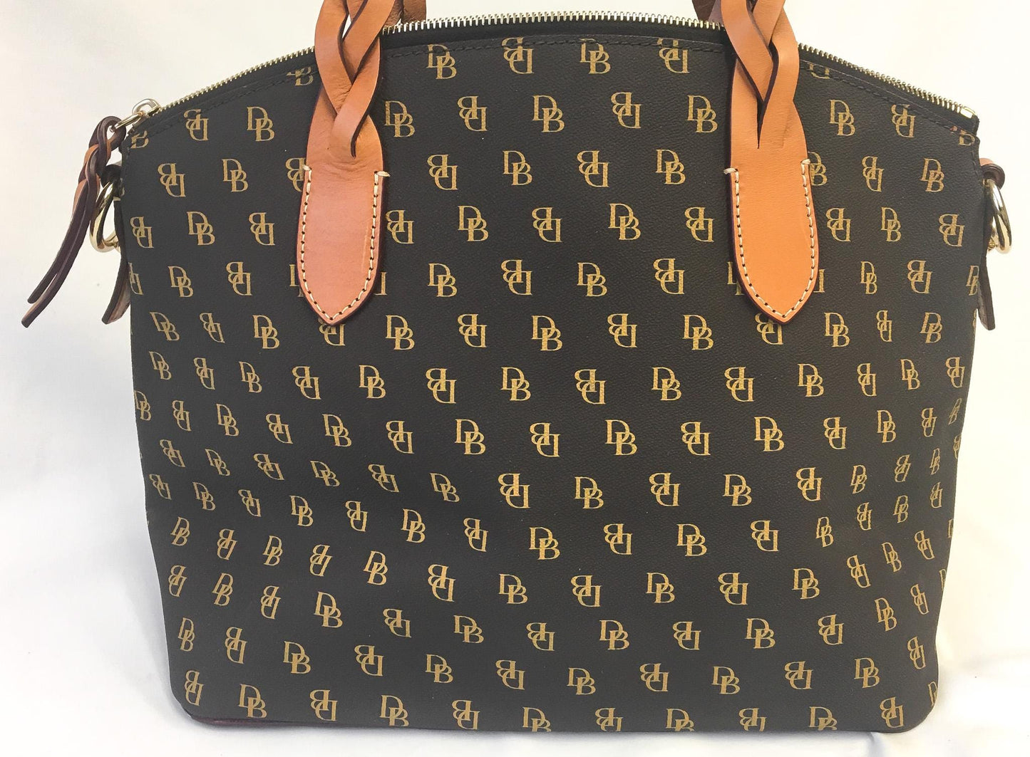 Modern Dooney and Bourke Celeste Brown Monogram Leather Crossbody Satchel Tote Bag, Classy Everyday Dooney Handbag