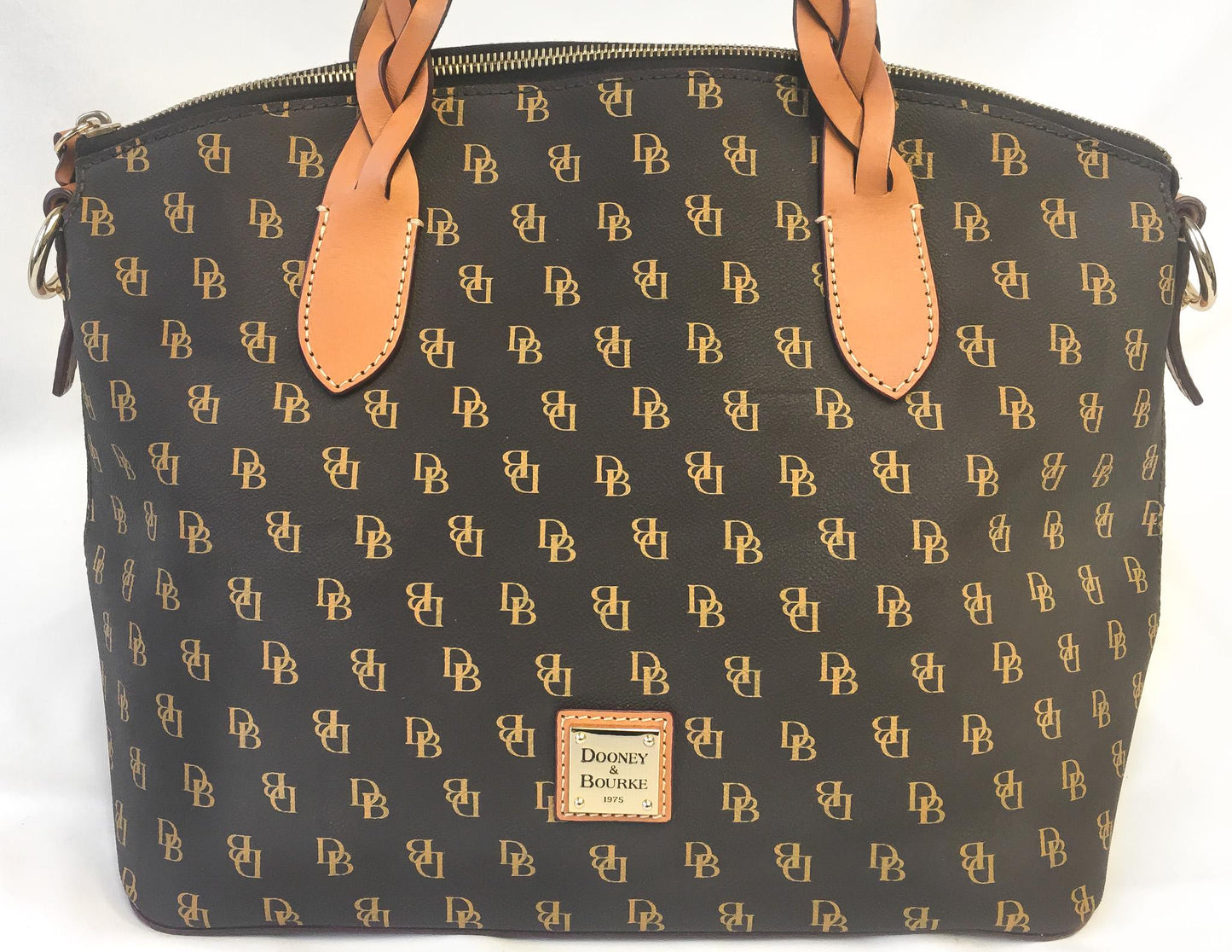 Modern Dooney and Bourke Celeste Brown Monogram Leather Crossbody Satchel Tote Bag, Classy Everyday Dooney Handbag