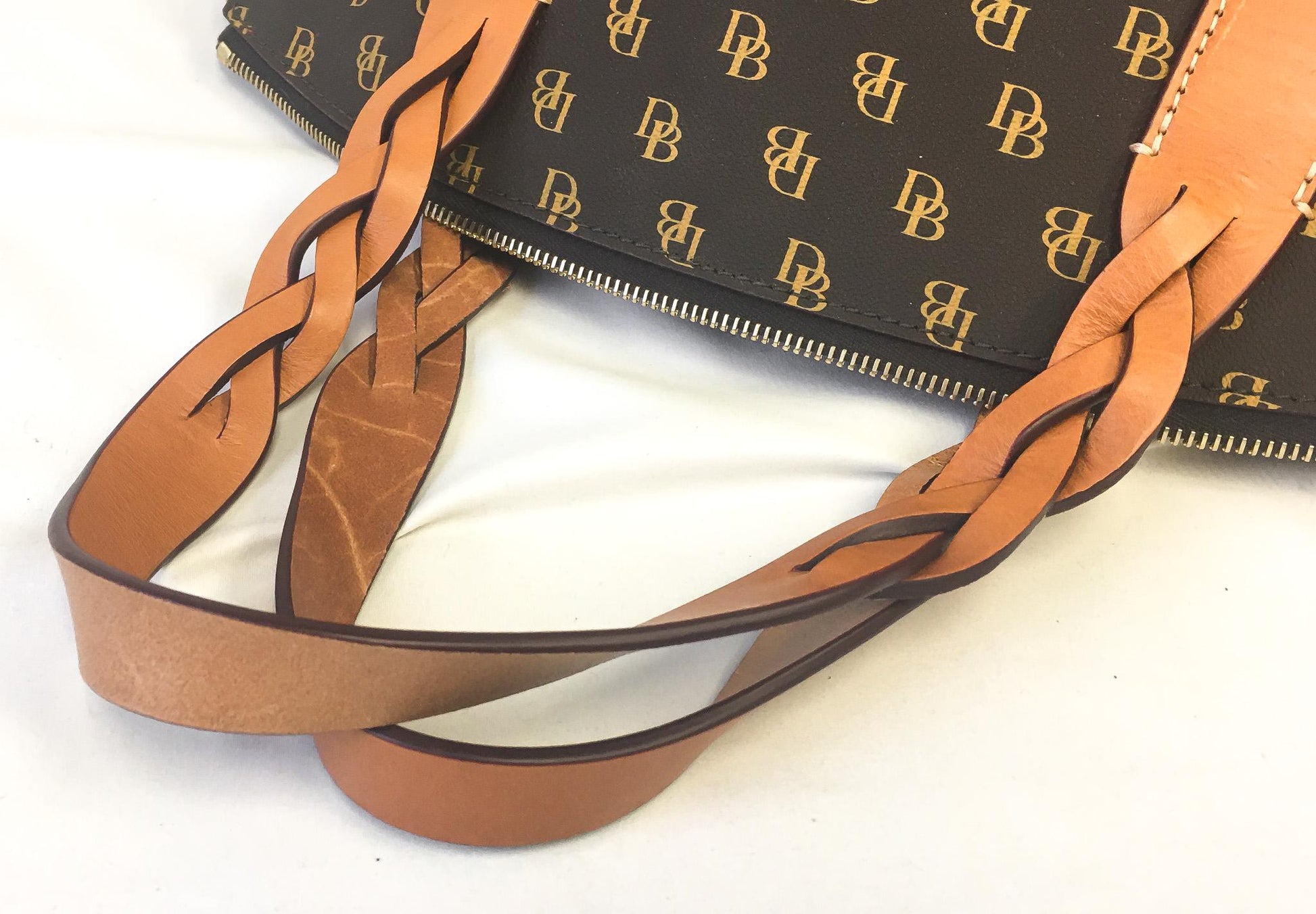 Modern Dooney and Bourke Celeste Brown Monogram Leather Crossbody Satchel Tote Bag, Classy Everyday Dooney Handbag