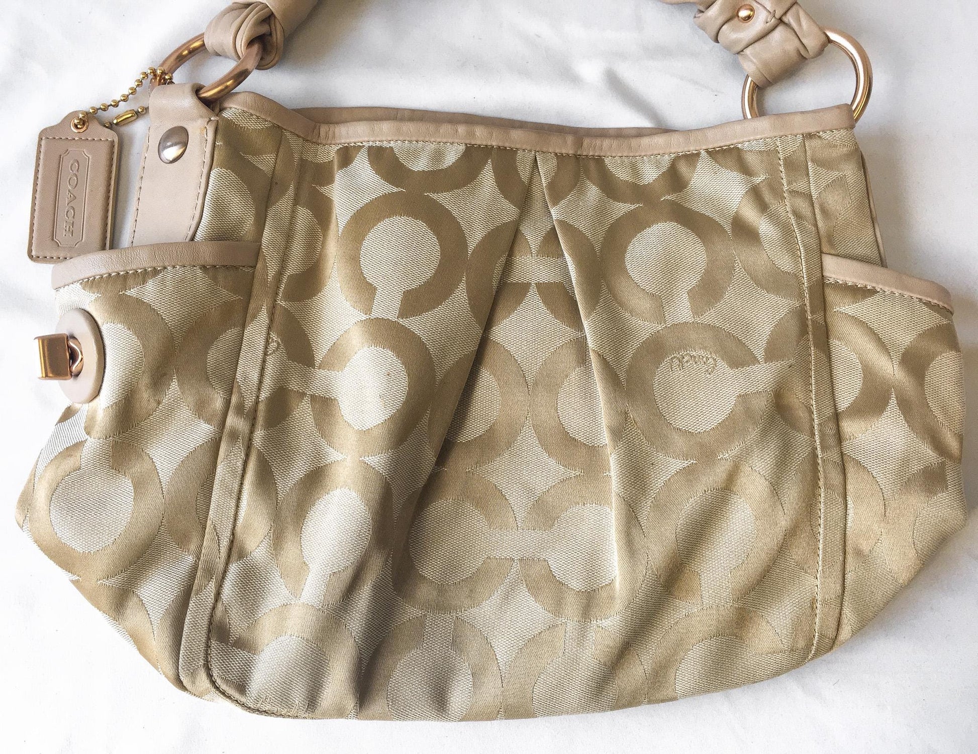 Y2K 00s Coach Op Art Parker Gold Metallic Canvas Leather Shoulder Tote Bag, Style 13427, Unique Y2K Coach Handbag
