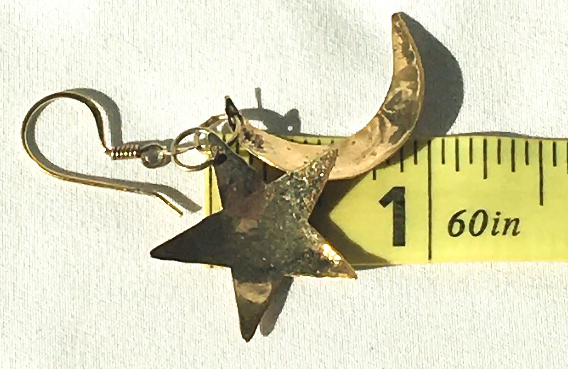 Vintage 925 Gold Toned Hammered Moon and Star Dangle Earrings, Unique Boho Celestial Earrings