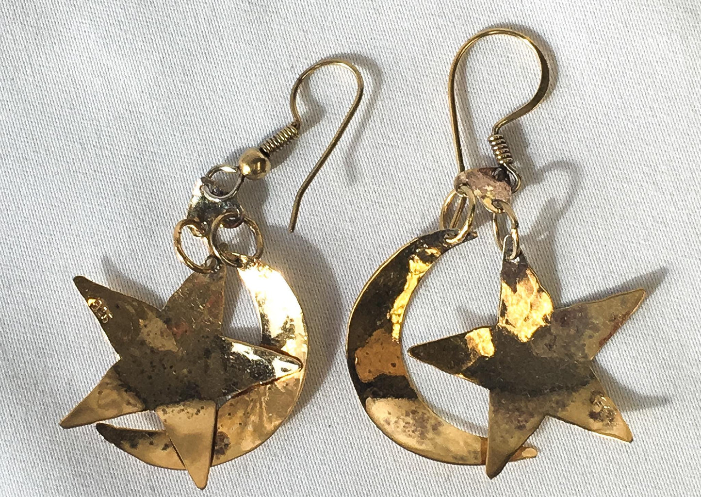 Vintage 925 Gold Toned Hammered Moon and Star Dangle Earrings, Unique Boho Celestial Earrings