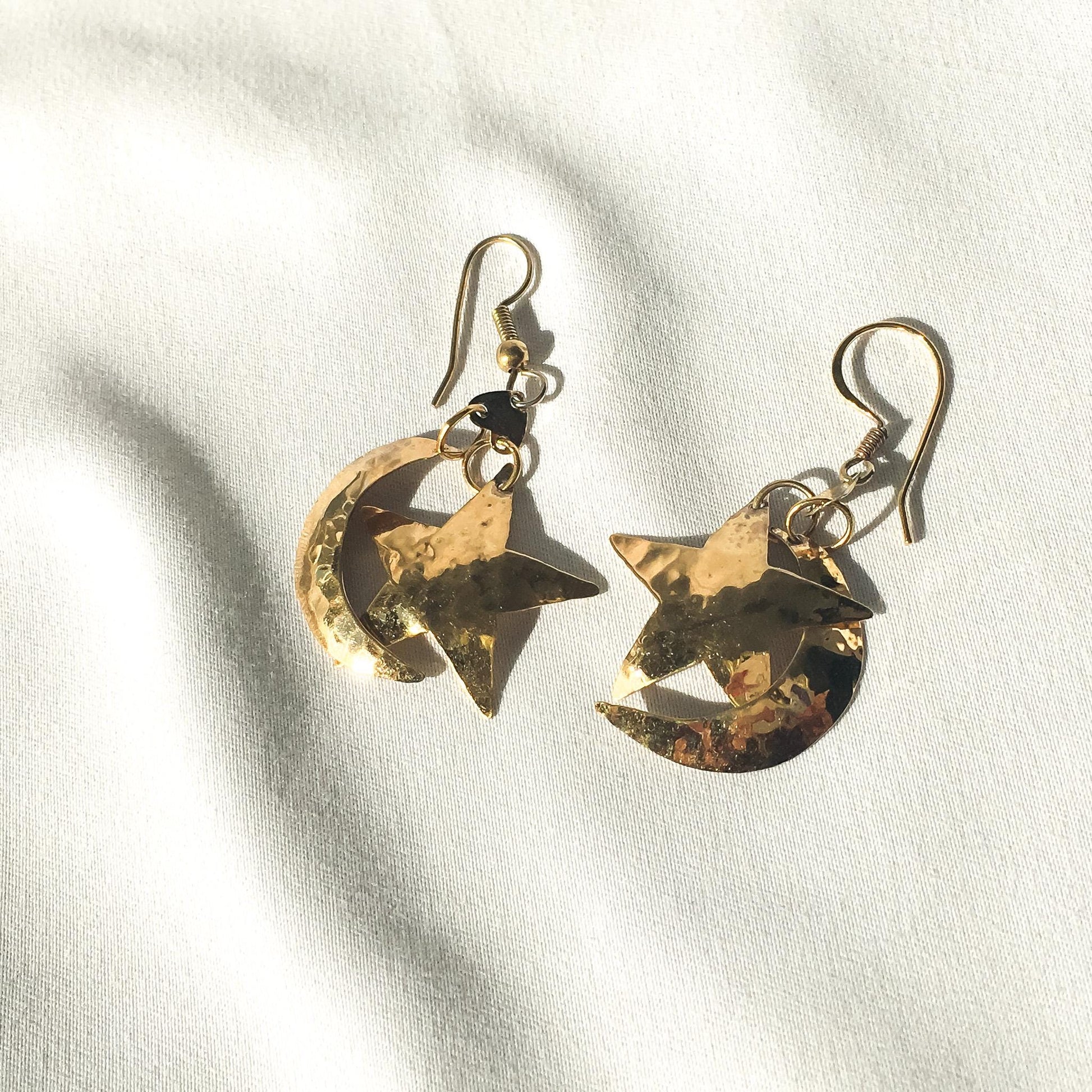 Vintage 925 Gold Toned Hammered Moon and Star Dangle Earrings, Unique Boho Celestial Earrings