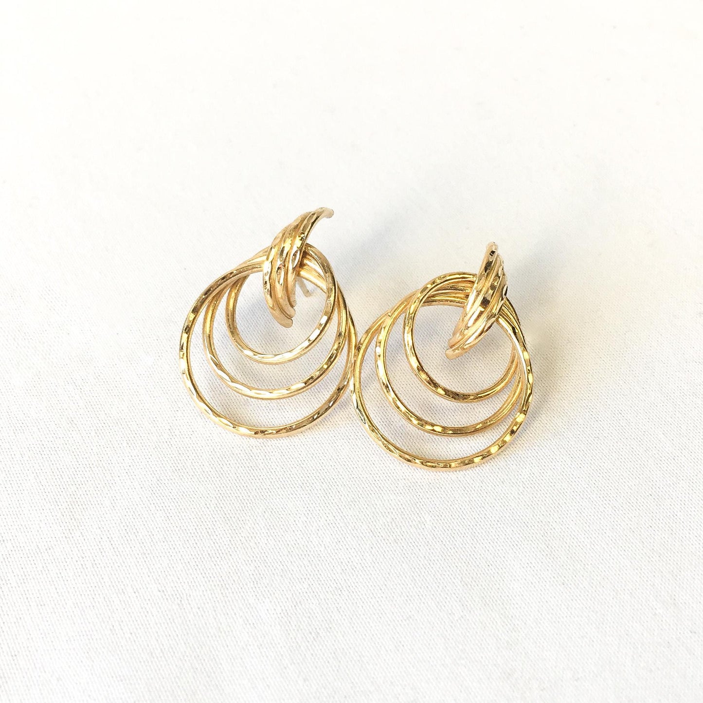 Vintage 14K Yellow Gold Triple Tube Textured Hoop Earrings, Simple Unique Classy Minimalist Hoop Earrings