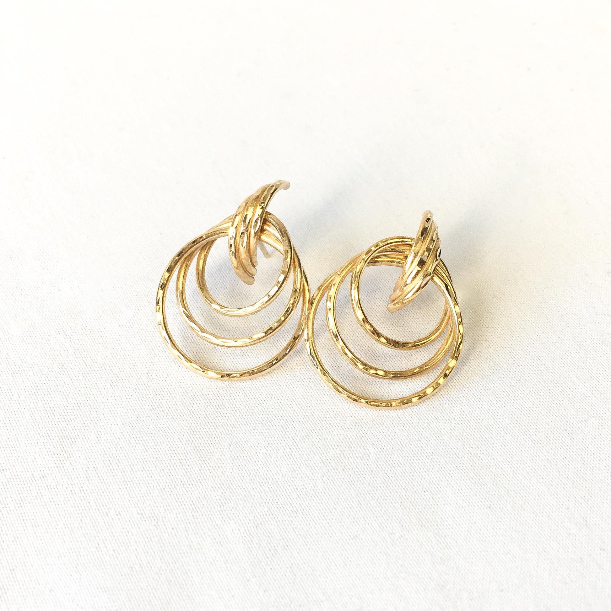 Vintage 14K Yellow Gold Triple Tube Textured Hoop Earrings, Simple Unique Classy Minimalist Hoop Earrings