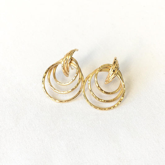 Vintage 14K Yellow Gold Triple Tube Textured Hoop Earrings, Simple Unique Classy Minimalist Hoop Earrings