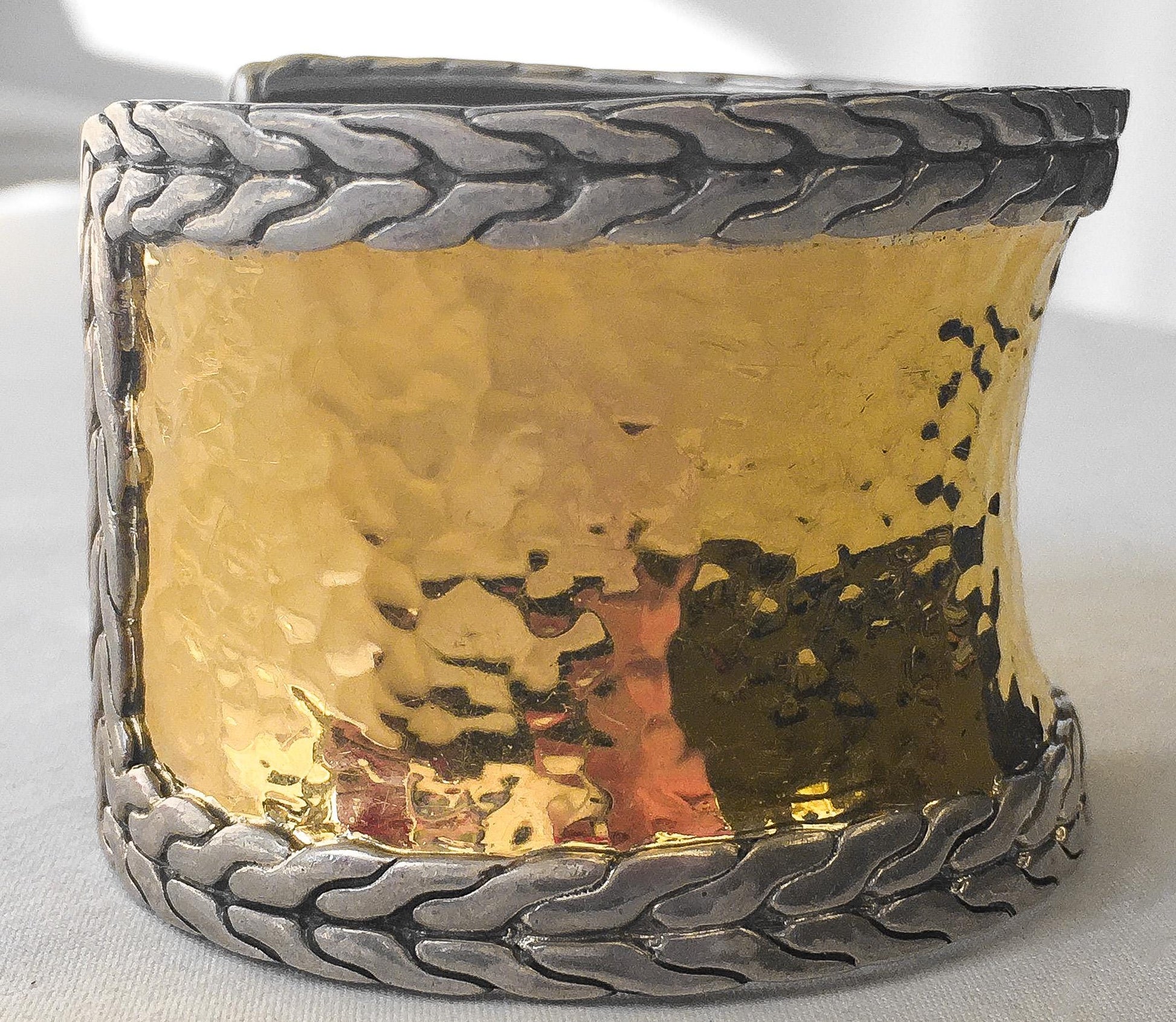 Vintage John Hardy 22K Gold 925 Sterling Silver Hammered Adjustable Cuff Bracelet, Vintage Brutalist Statement Style Bracelet