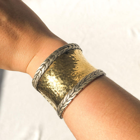 Vintage John Hardy 22K Gold 925 Sterling Silver Hammered Adjustable Cuff Bracelet, Vintage Brutalist Statement Style Bracelet