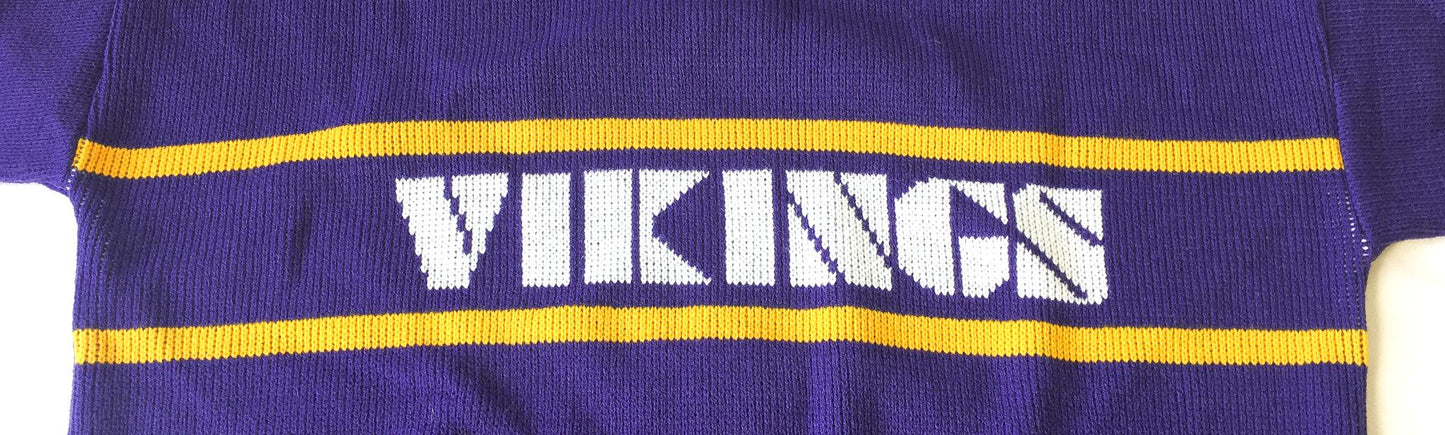 80s Minnesota Vikings Purple Spell-Out Knit Crewneck Sweater, Men's Sz. XL, Vintage Retro NFL Apparel