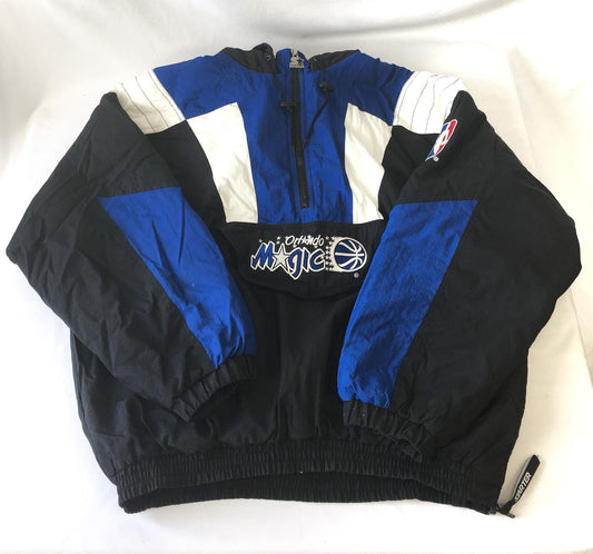 90s Orlando Magic Starter Black/Blue Embroidered Quarter Zip Puffer Windbreaker Jacket, Sz. XL, Vintage Retro NBA Apparel Streetwear Jacket