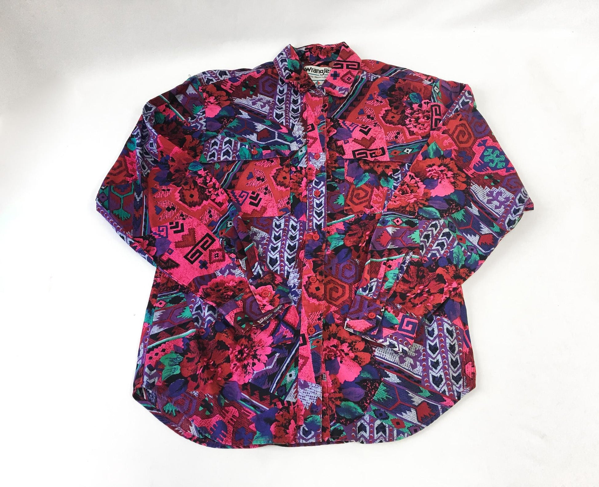 80s Wrangler Abstract Geometric Pink Multicolor Button Down, Approx. Women's Sz. S, Vintage Unique Western Shirt