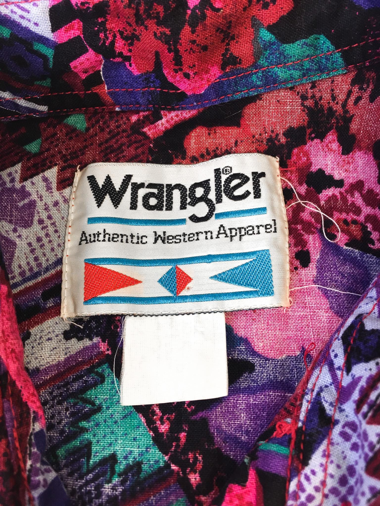 80s Wrangler Abstract Geometric Pink Multicolor Button Down, Approx. Women's Sz. S, Vintage Unique Western Shirt