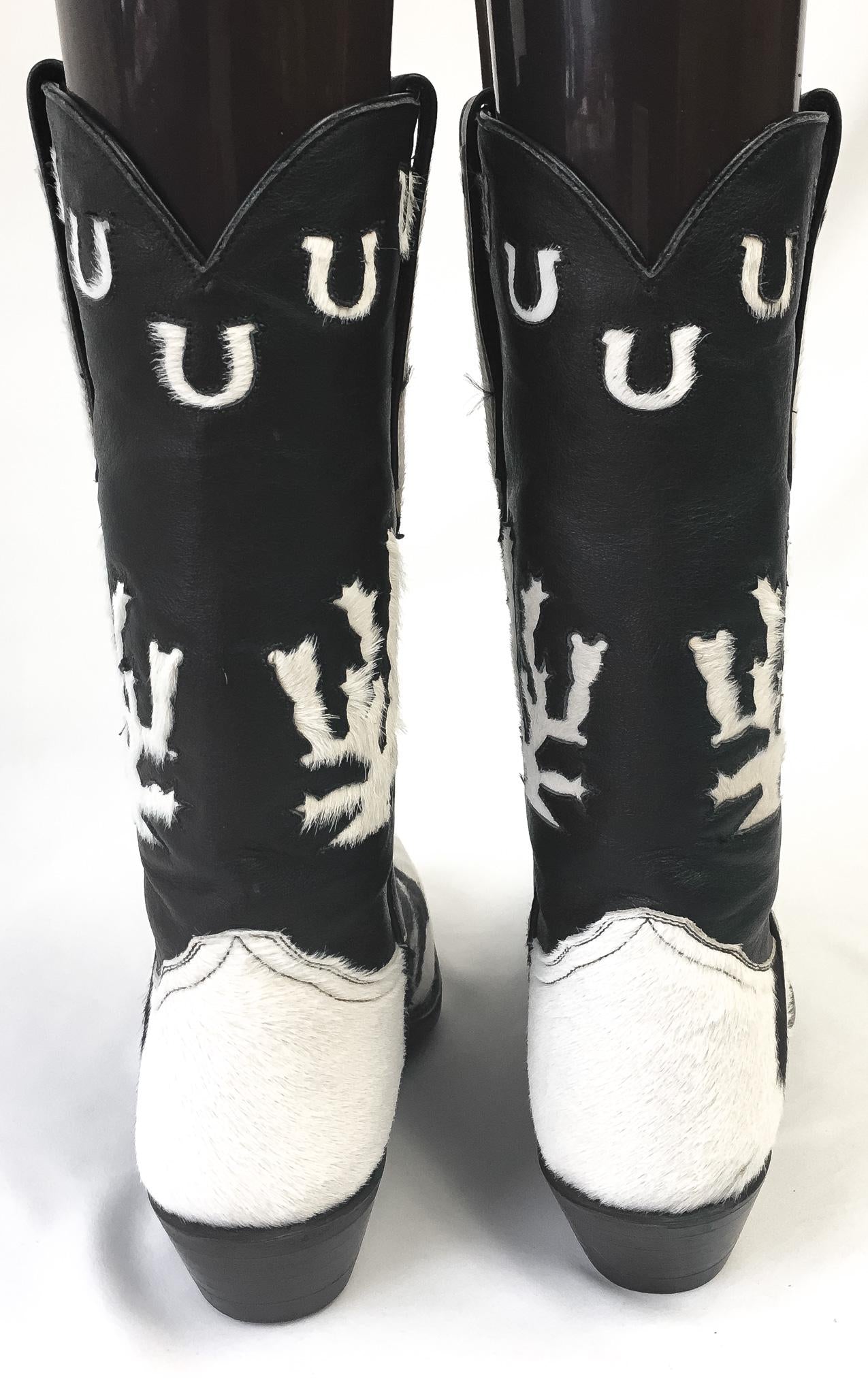 RARE Vintage Larry Mahan Black White Pony Horse Hair Cow Print Horseshoe Cactus Leather Cowboy Boots, Women's Sz. 7B, Unique Statement Boots
