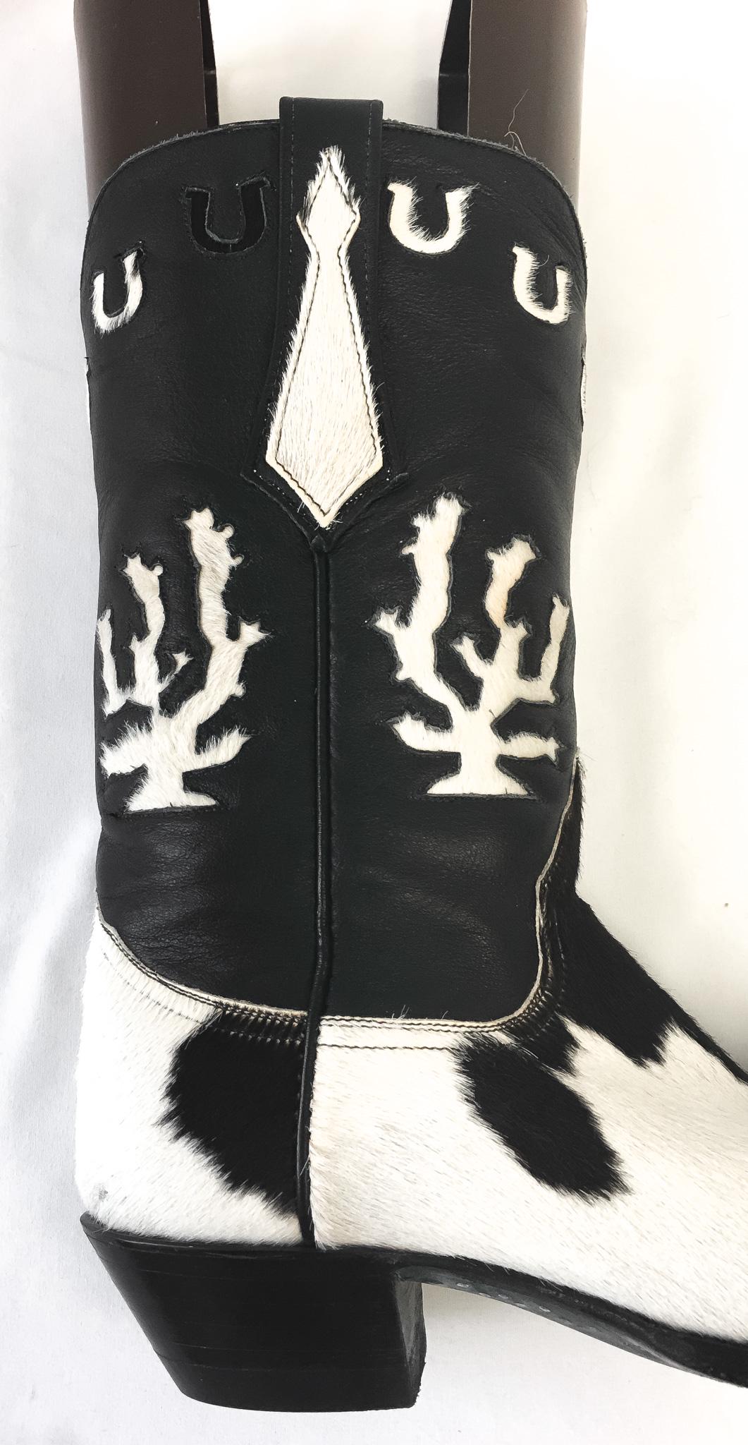 RARE Vintage Larry Mahan Black White Pony Horse Hair Cow Print Horseshoe Cactus Leather Cowboy Boots, Women's Sz. 7B, Unique Statement Boots