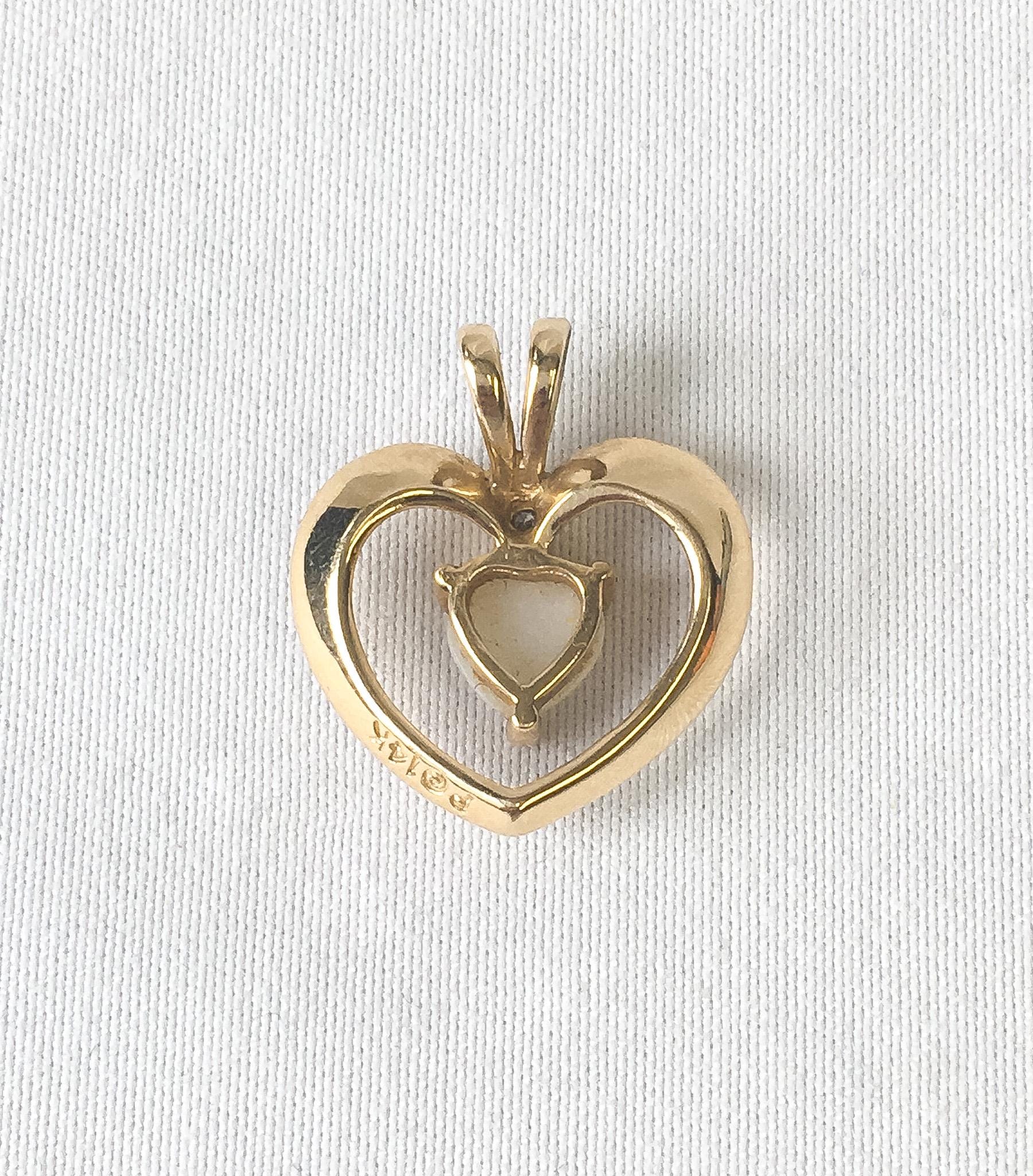 14K Yellow Gold Diamond Opal Heart Shaped Pendant, Dainty Simple Everyday Pendant