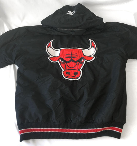90s Chicago Bulls Starter Black Embroidered Detachable Hooded Puffer Windbreaker Jacket, Men's Sz. M, Vintage Retro NBA Streetwear Apparel