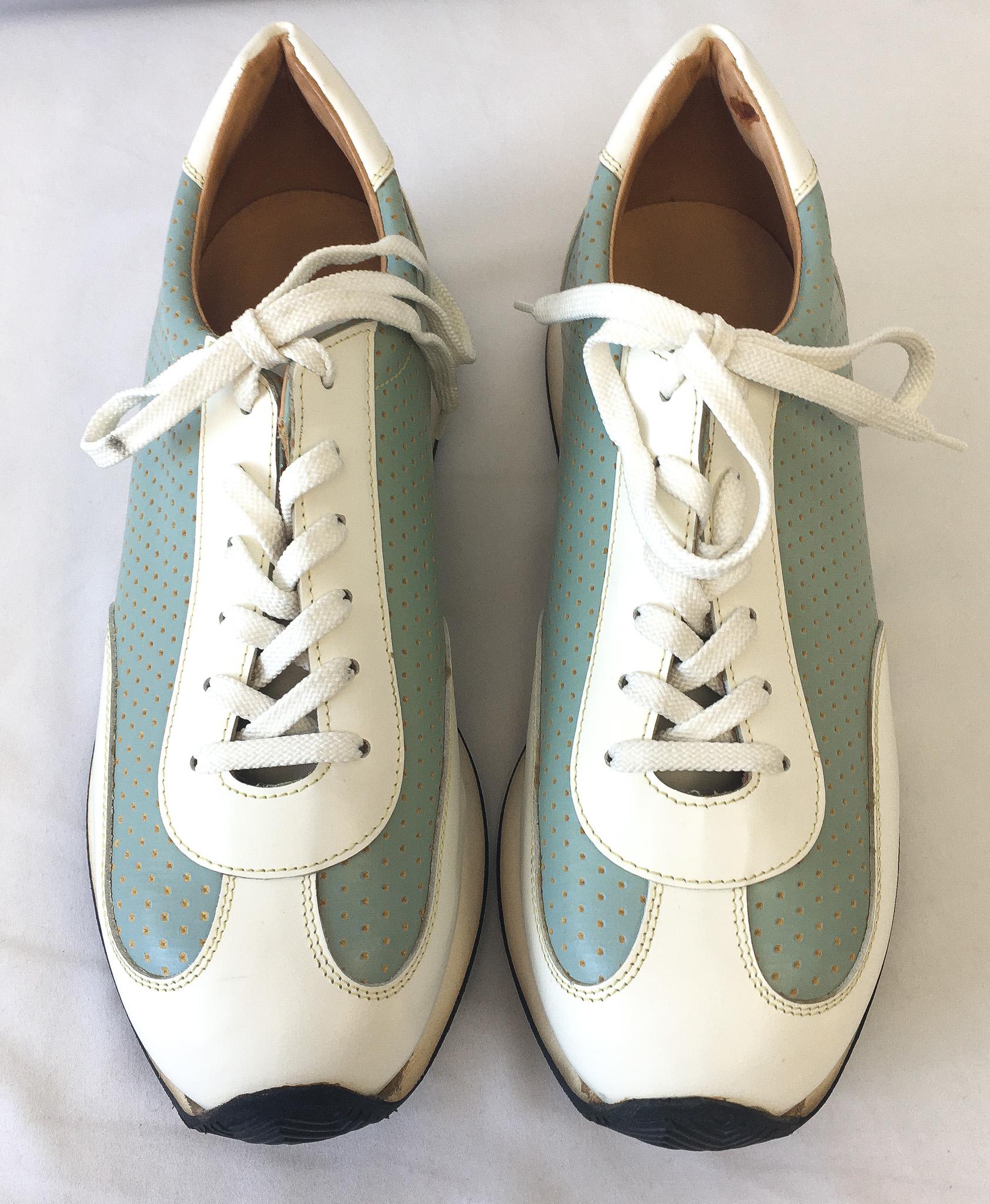 Vintage Dooney and Bourke Pastel Blue/Cream/Off-White Textured Leather Sneakers, Women's Sz. 9.5, Vintage Preppy Academia Style Shoes