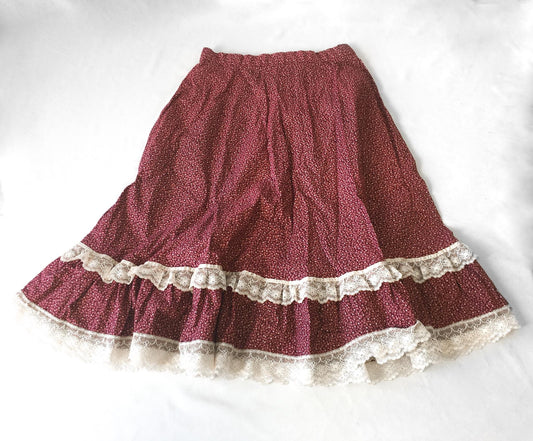 Vintage Burgundy Maroon Floral Cream Lace Trim Prairie Style Skirt, 24" Waist, Vintage Cottage Core Coquette Style Skirt