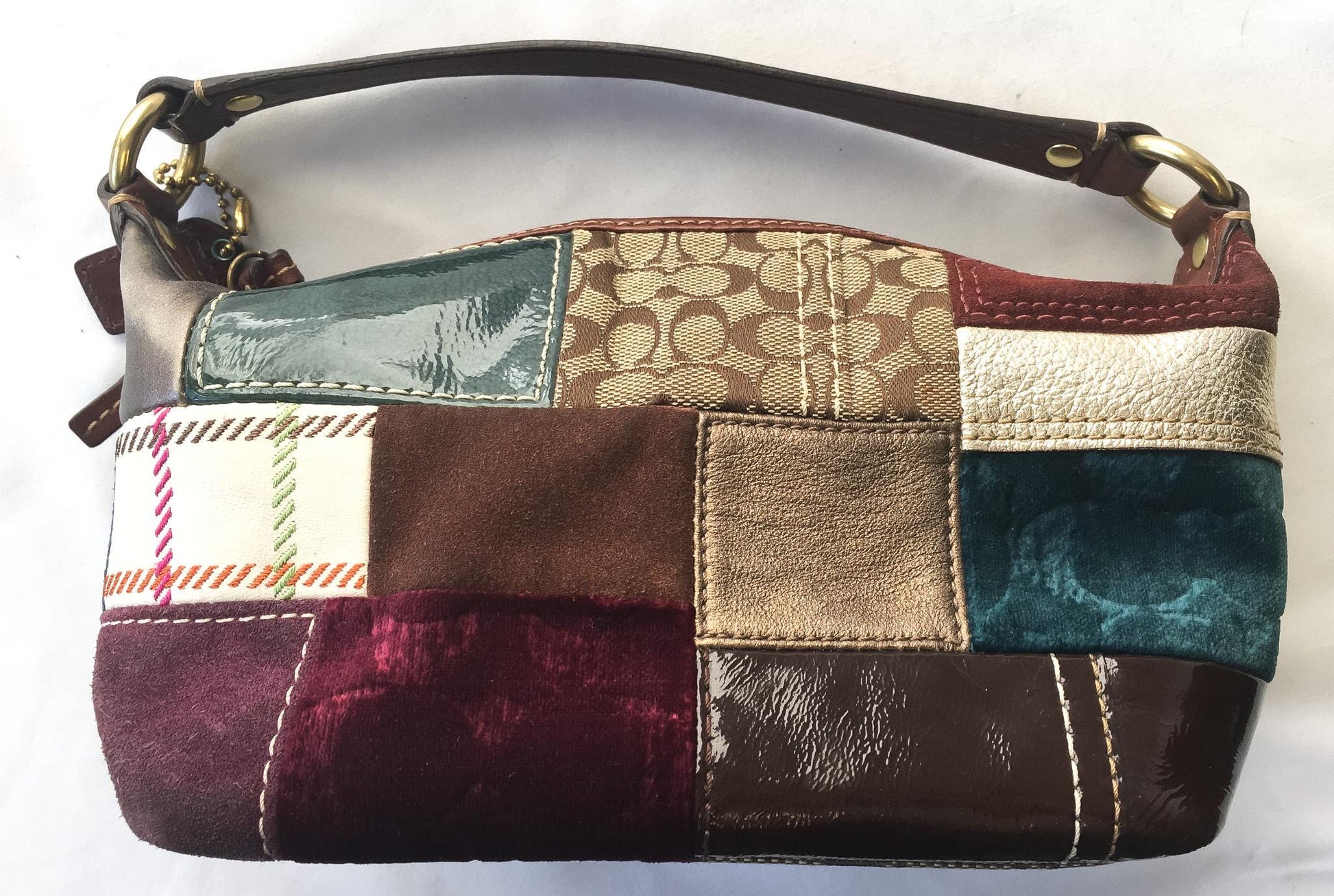 Y2K Coach Bleeker Holiday Patchwork Multicolor Sufflete Leather Suede Mini Bag, Style 40928, Vintage 00s Coach Handbag