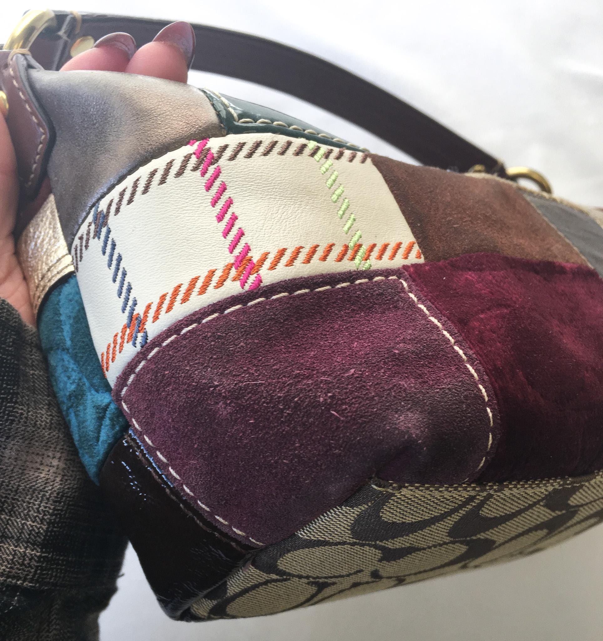 Y2K Coach Bleeker Holiday Patchwork Multicolor Sufflete Leather Suede Mini Bag, Style 40928, Vintage 00s Coach Handbag