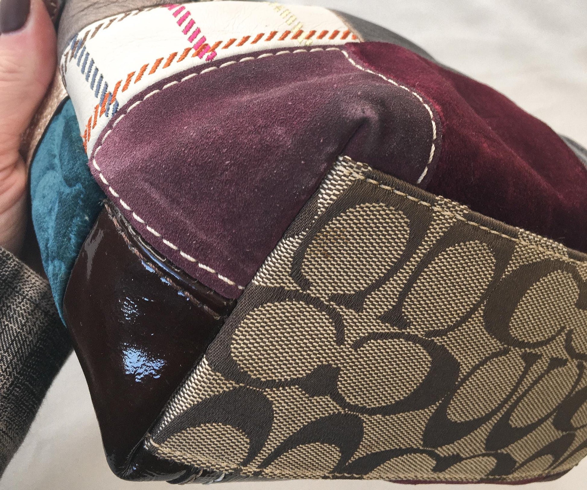 Y2K Coach Bleeker Holiday Patchwork Multicolor Sufflete Leather Suede Mini Bag, Style 40928, Vintage 00s Coach Handbag