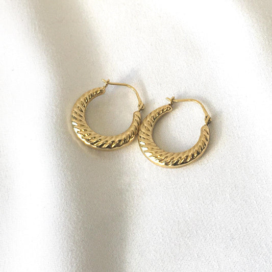 Vintage 14K Yellow Gold Textured Ribbed Hoop Earrings, Simple Dainty Everyday Minimalist Earrings