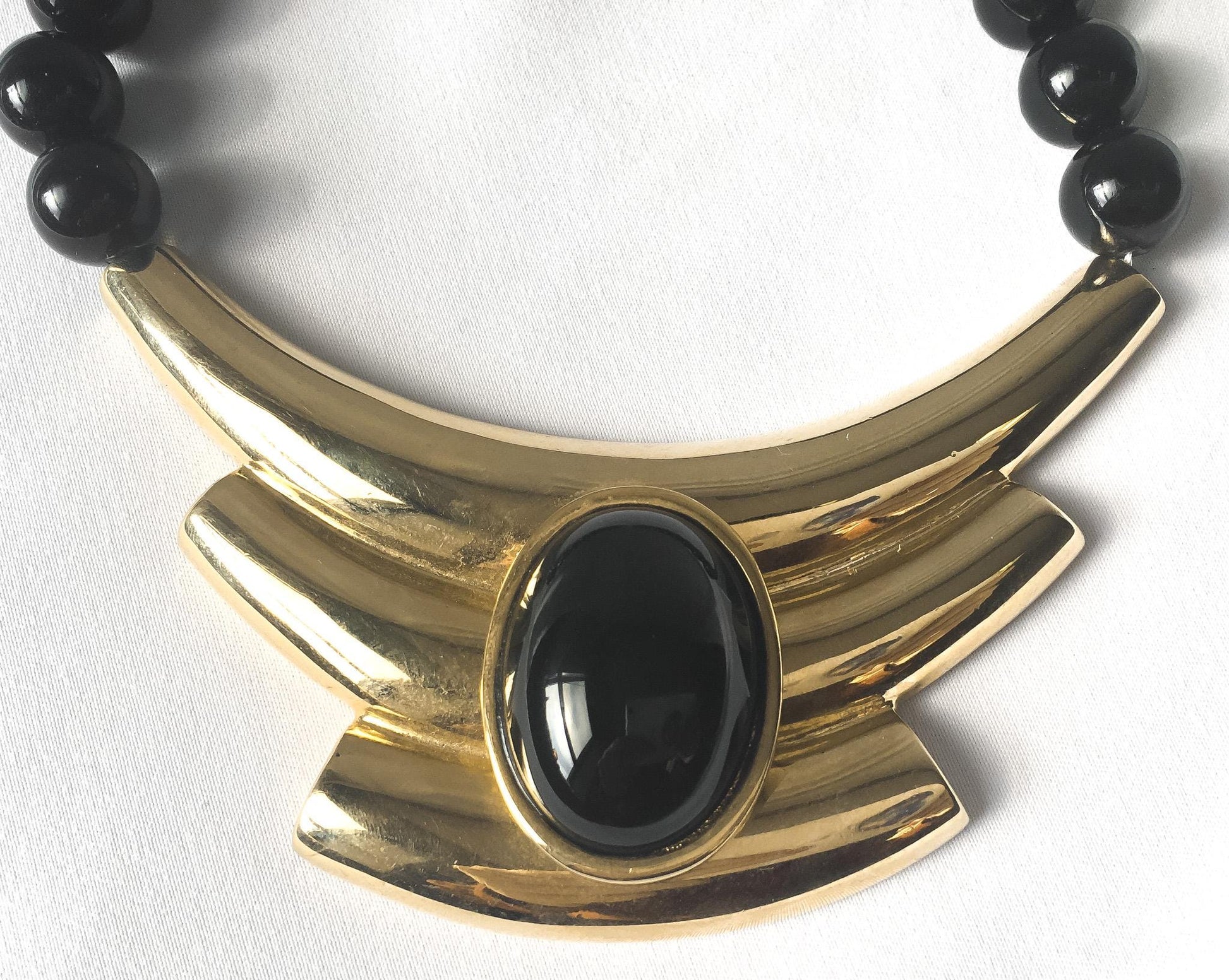 Vintage Alexis Kirk Black Beaded Gold Toned Abstract Bib Necklace, 17", Vintage Modernism Statement Necklace