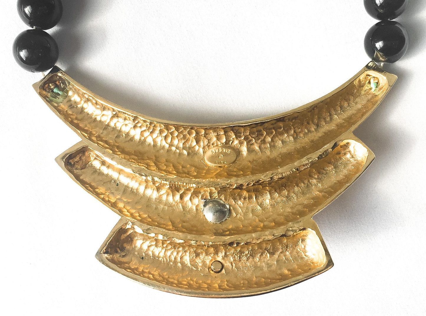 Vintage Alexis Kirk Black Beaded Gold Toned Abstract Bib Necklace, 17", Vintage Modernism Statement Necklace